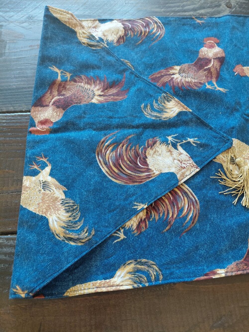 Handmade Rise 'N' Shine Roosters on Blue Cotton Kingsway fabric - Table Runner